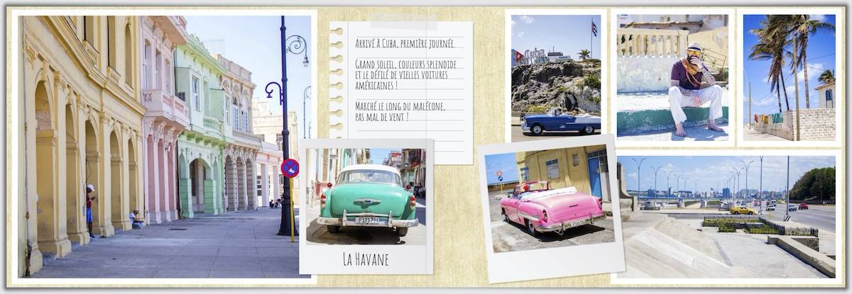Aperçu de page d'album carnet de voyage. Incluant des photos et un petit texte.